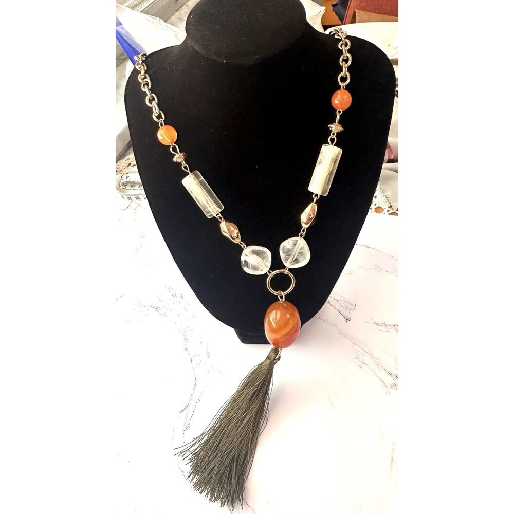 Chico’s C1946 Statement Tassel Necklace Orange Acrylic Beads Gold Tone Boho